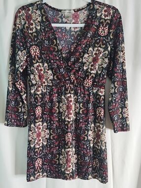 Susan Lawrence Black Floral Top with Red and Cream Motif